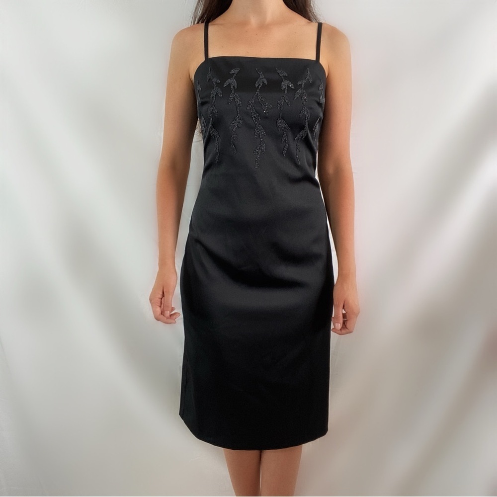 Vintage Byer Too black satin midi dress cami straight neck beaded Y2K 90s